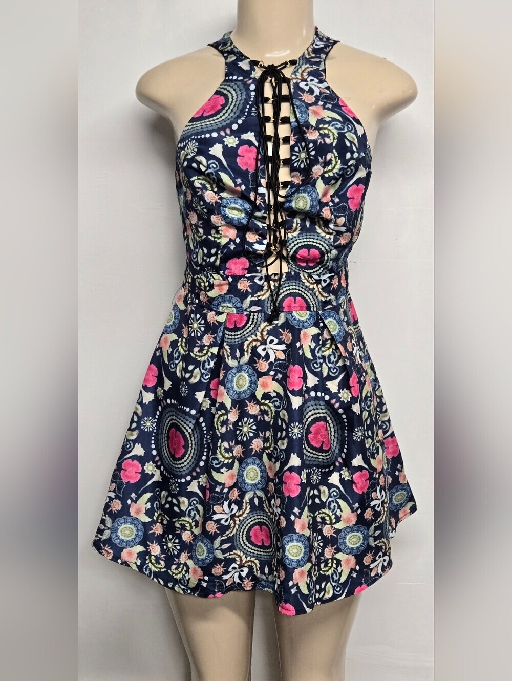 Racerback Mini Dress Tie Front Gold Hoops Bohemian Paisley Floral Lightweight S